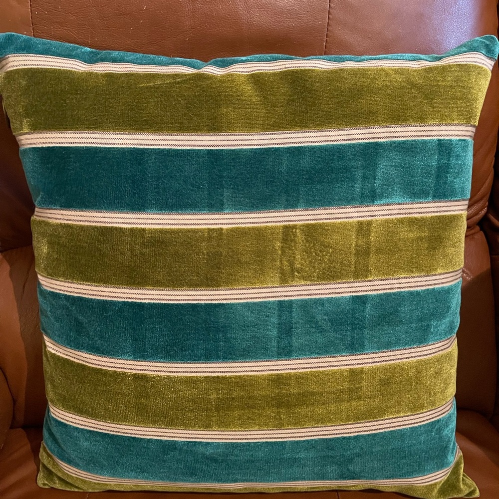 Pier 1 Green and Blue Accent Pillow with Striking Stripes, 17” square. - Picture 2 of 6